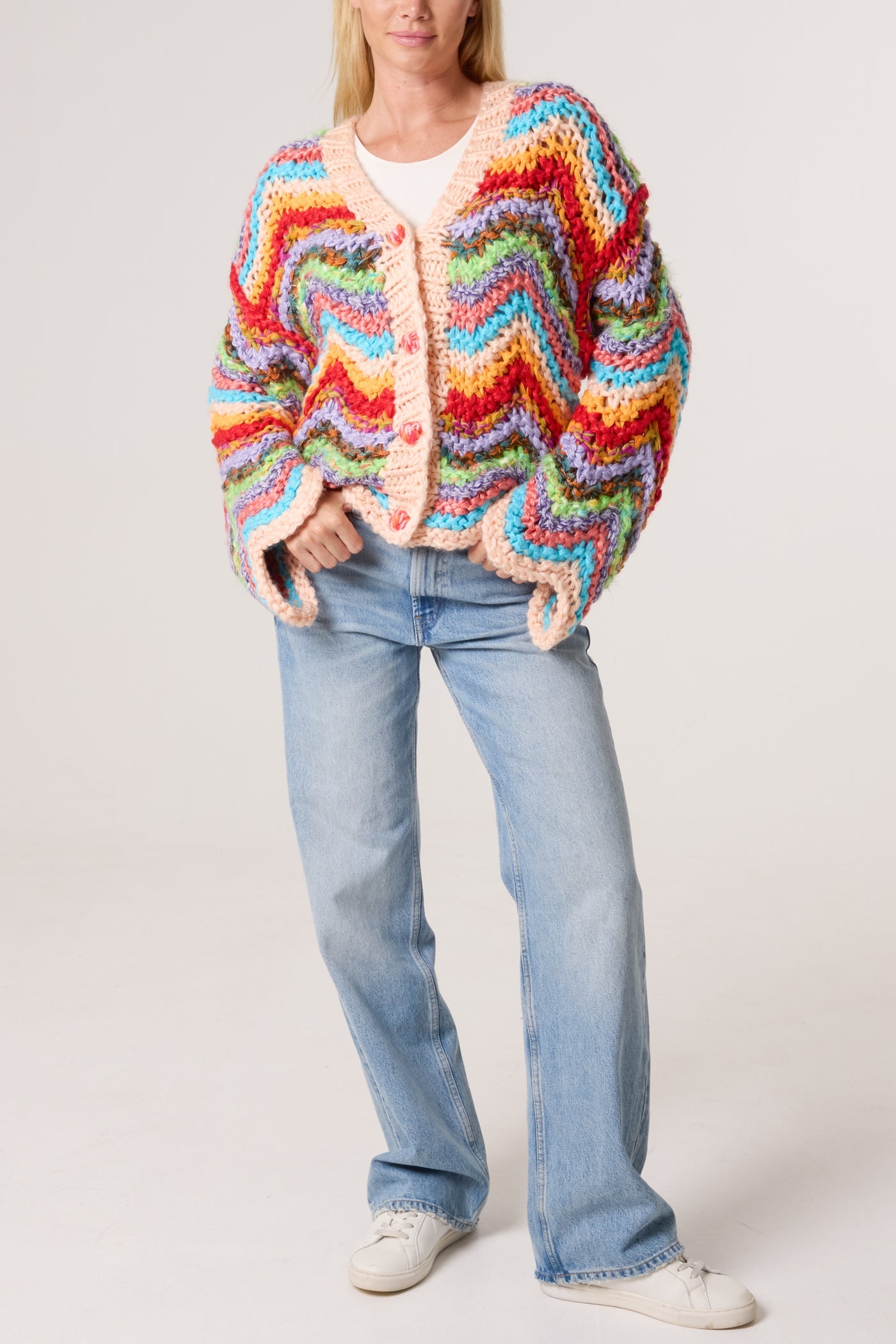 Multicoloured Zigzag Knitted Chunky Cardigan