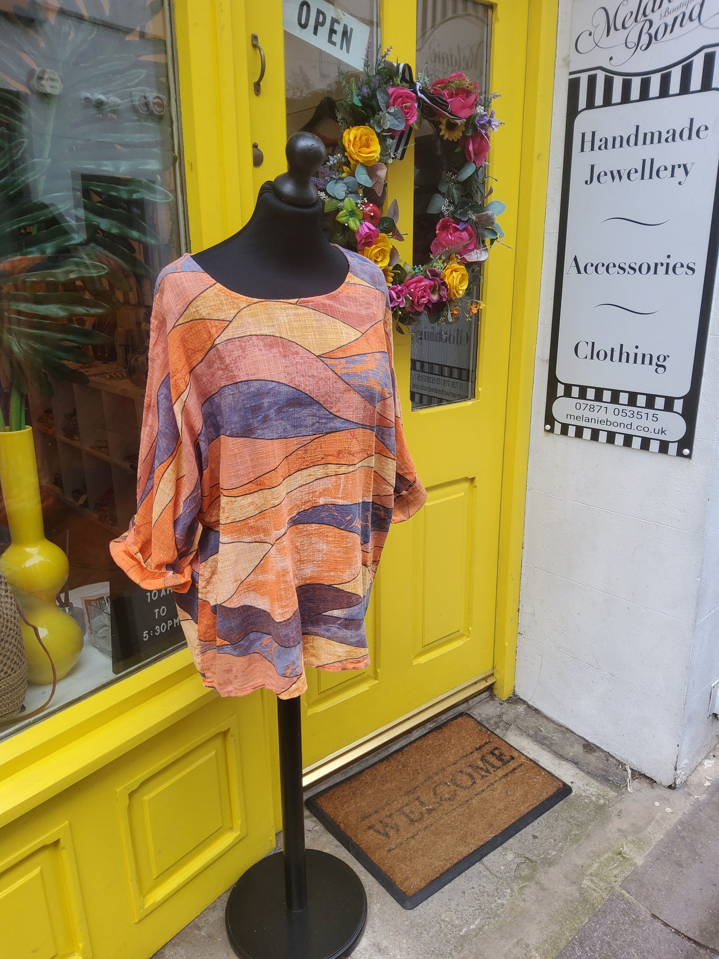 Orange & navy stained glass window wave summer top