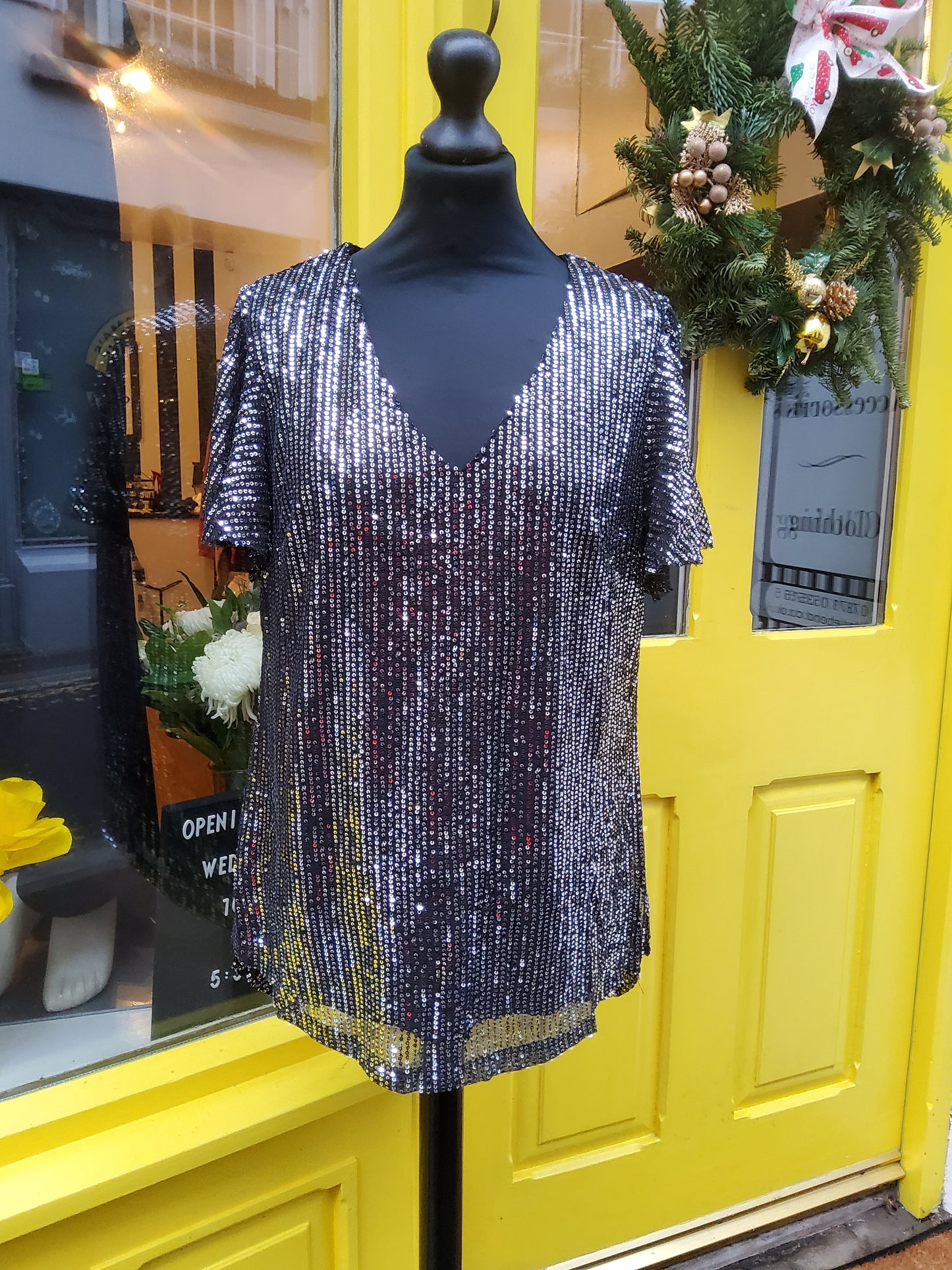 Dark Silver Angel Sleeve V-Neck Sequin Top