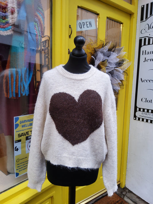 Brown and Cream Heart Crew Neck Jumper