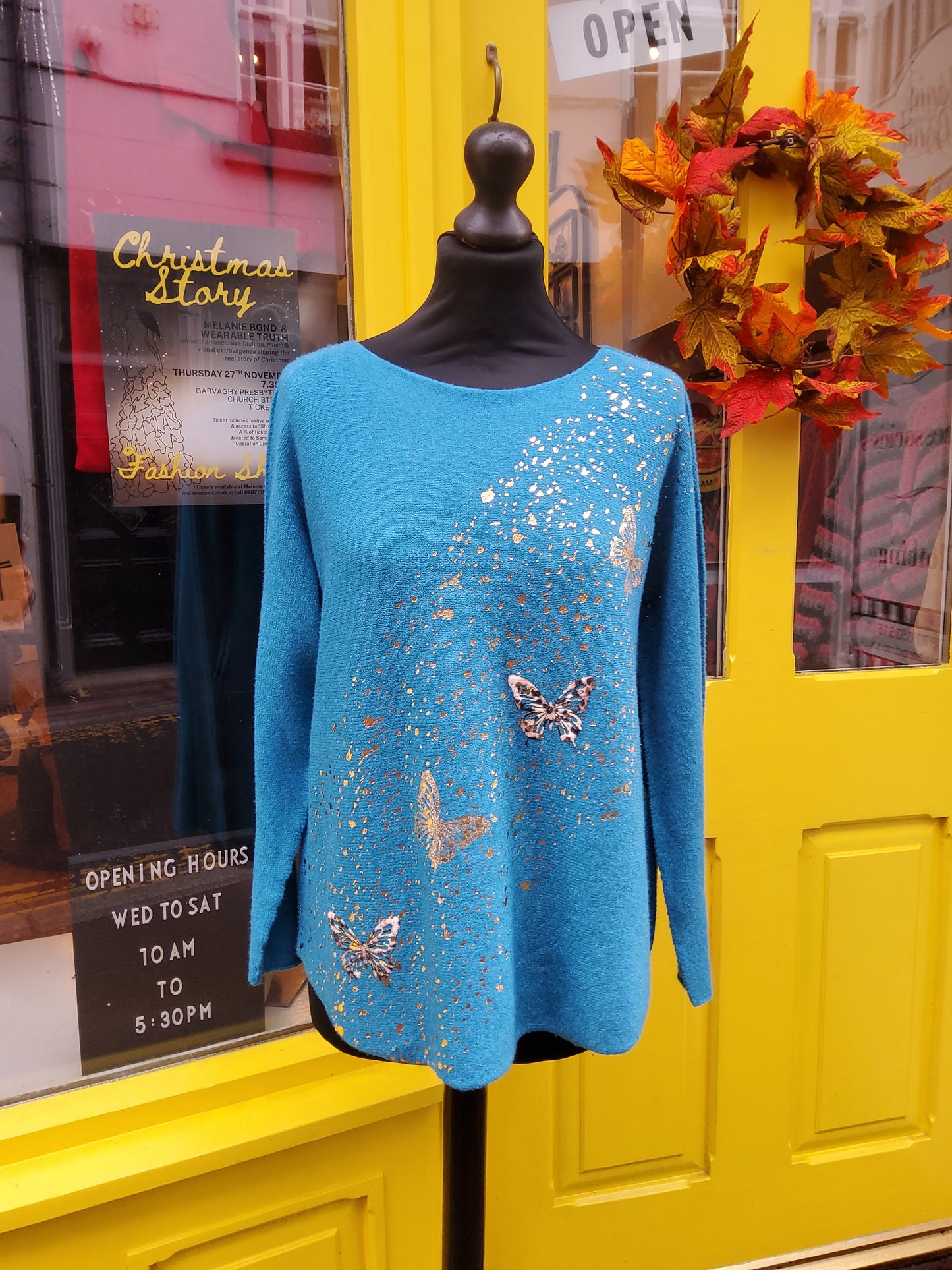 Teal Gold Foil Butterfly Jumper