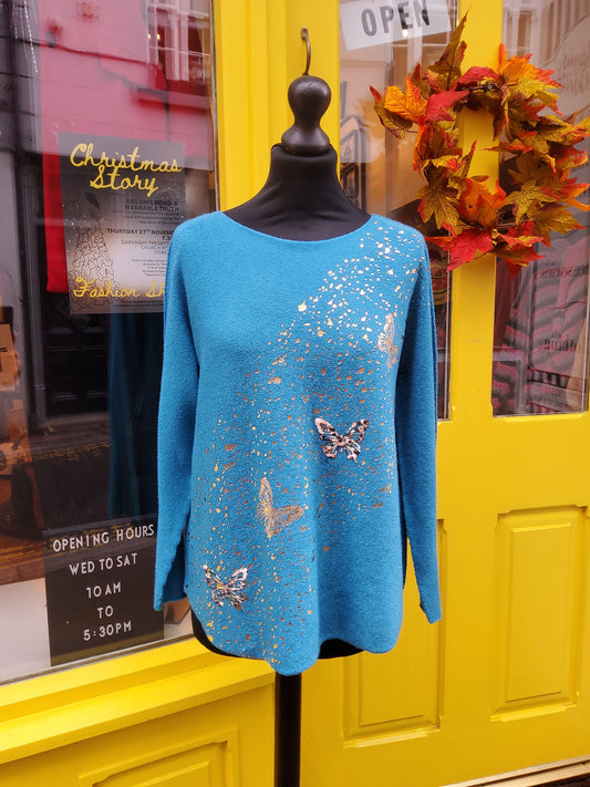 Teal Gold Foil Butterfly Jumper