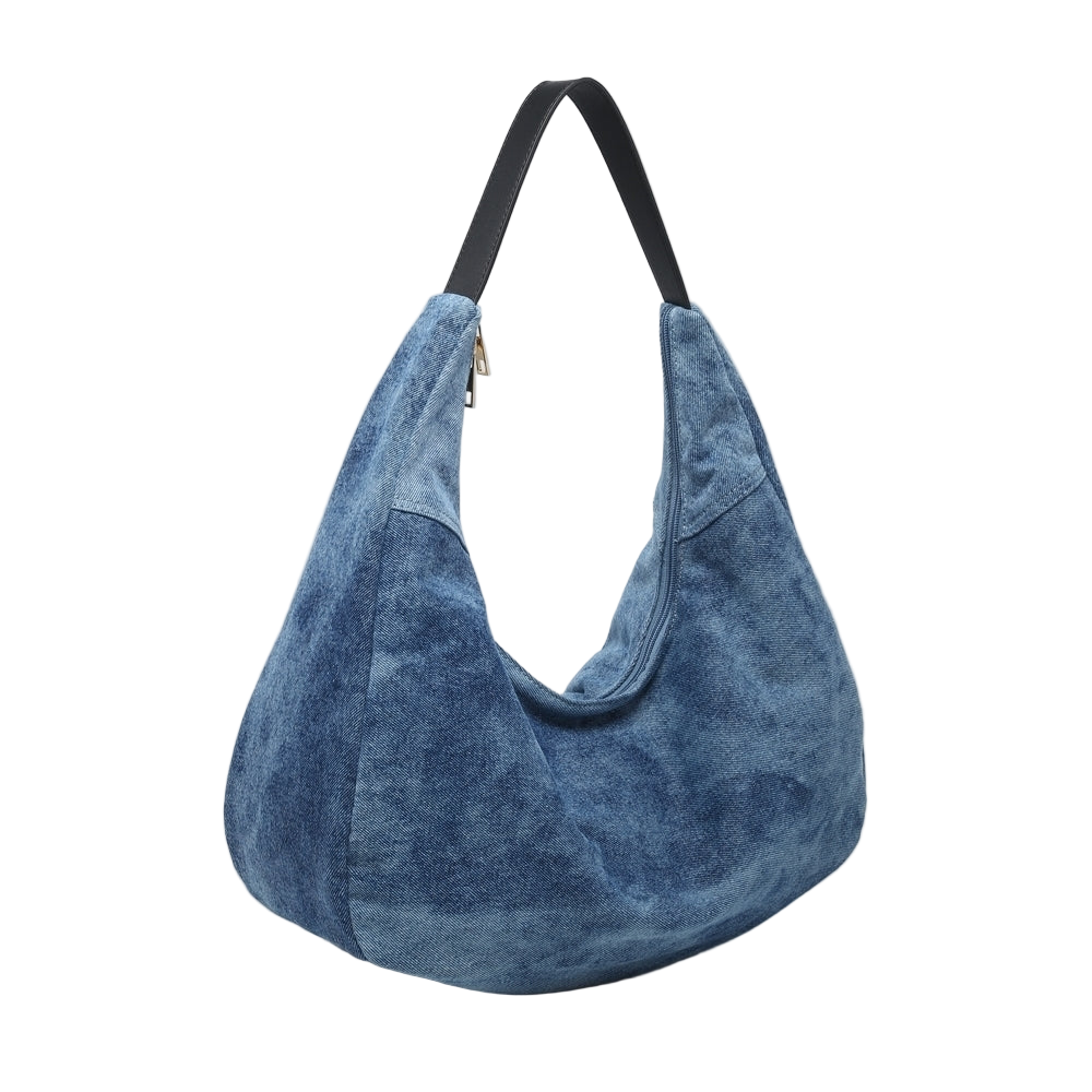 Blue denim handbag with a black handle
