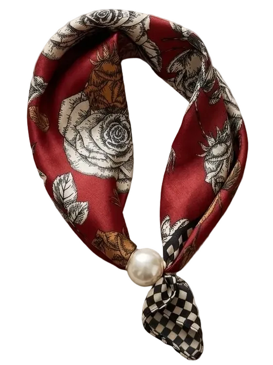 Pearl Satin Neck Scarf- Rose and Check Print