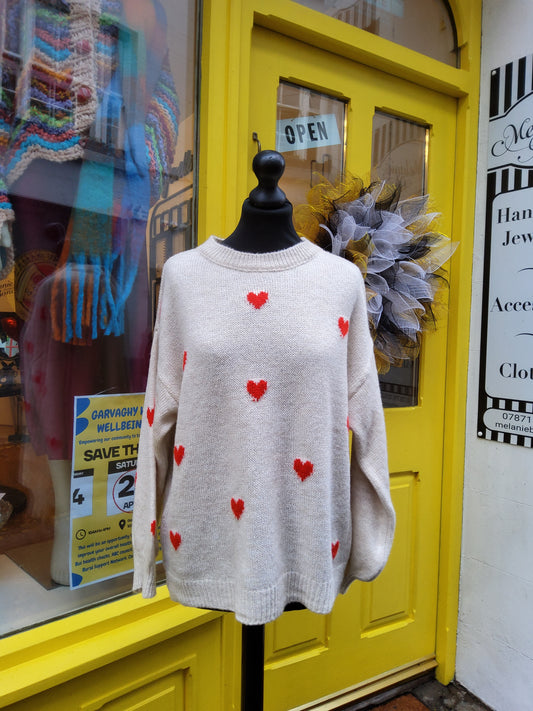 Cream & red heart jumper