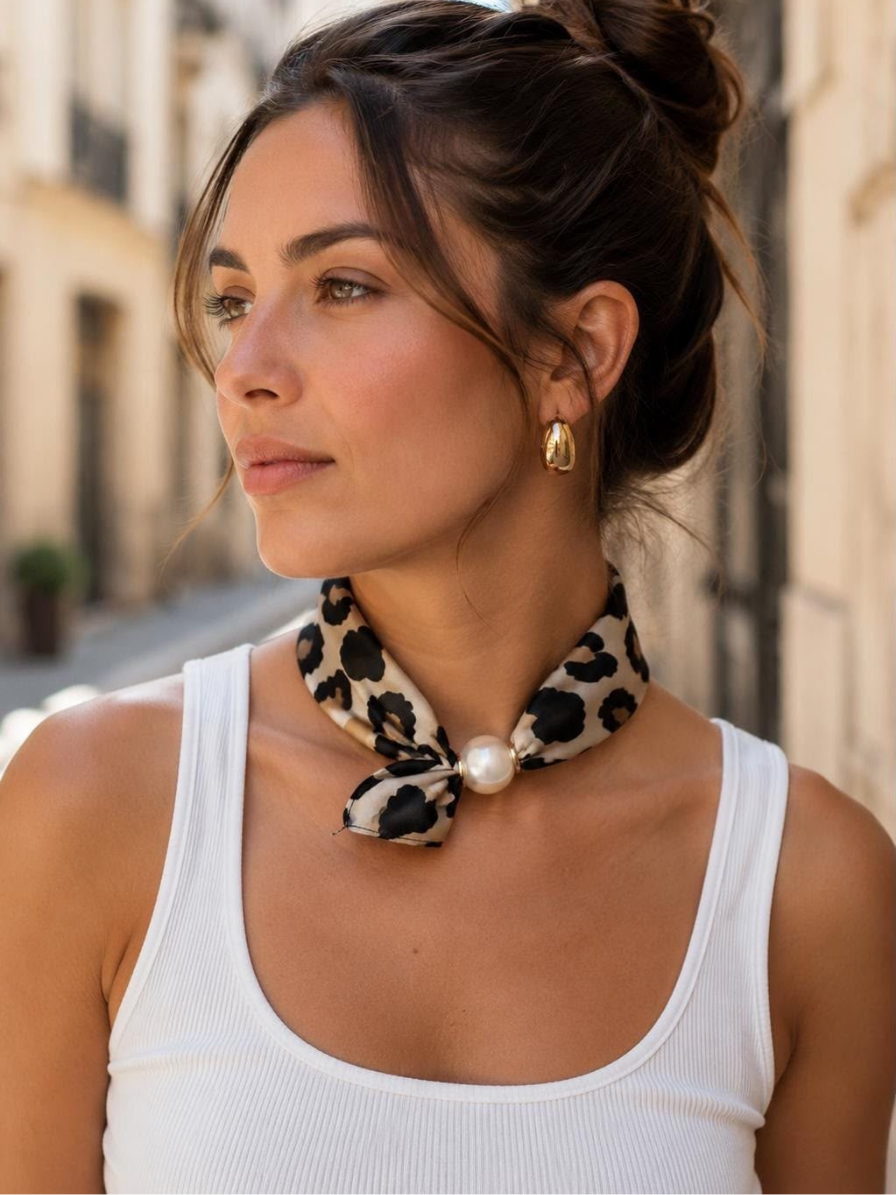 Pearl Satin Neck Scarf- Leopard Print