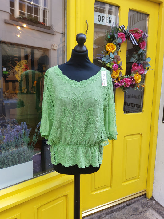 Butterfly sleeve lace floaty top in apple green