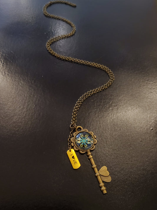 'Love' Blue Flower Centre Key Necklace
