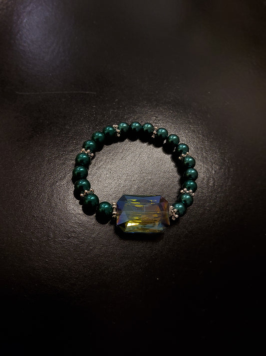 Dark Teal Pearl Bracelet with Large Crystal