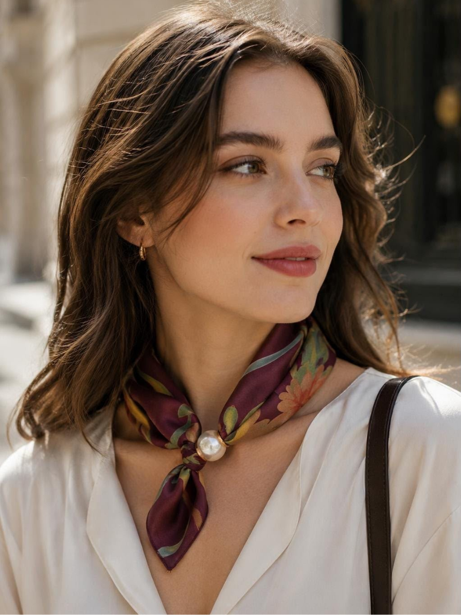 Pearl Satin Neck Scarf- Plum Floral Print