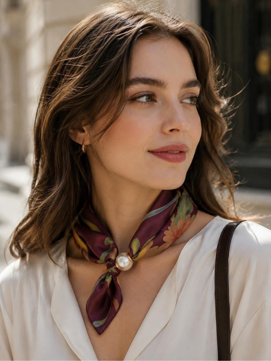 Pearl Satin Neck Scarf- Plum Floral Print
