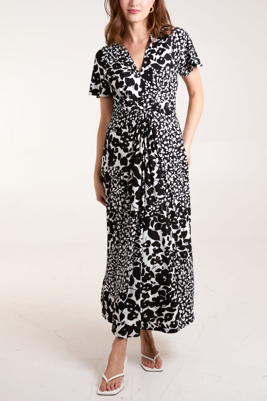 Black and White Twist Front Midi Dress