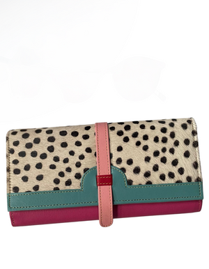 Pink, teal & dotty large leather purse
