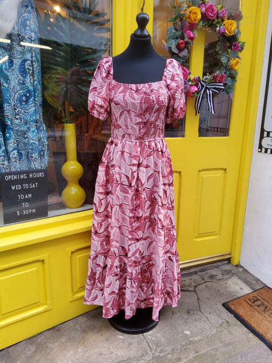 Leaf Print Square Neck Smock Dress