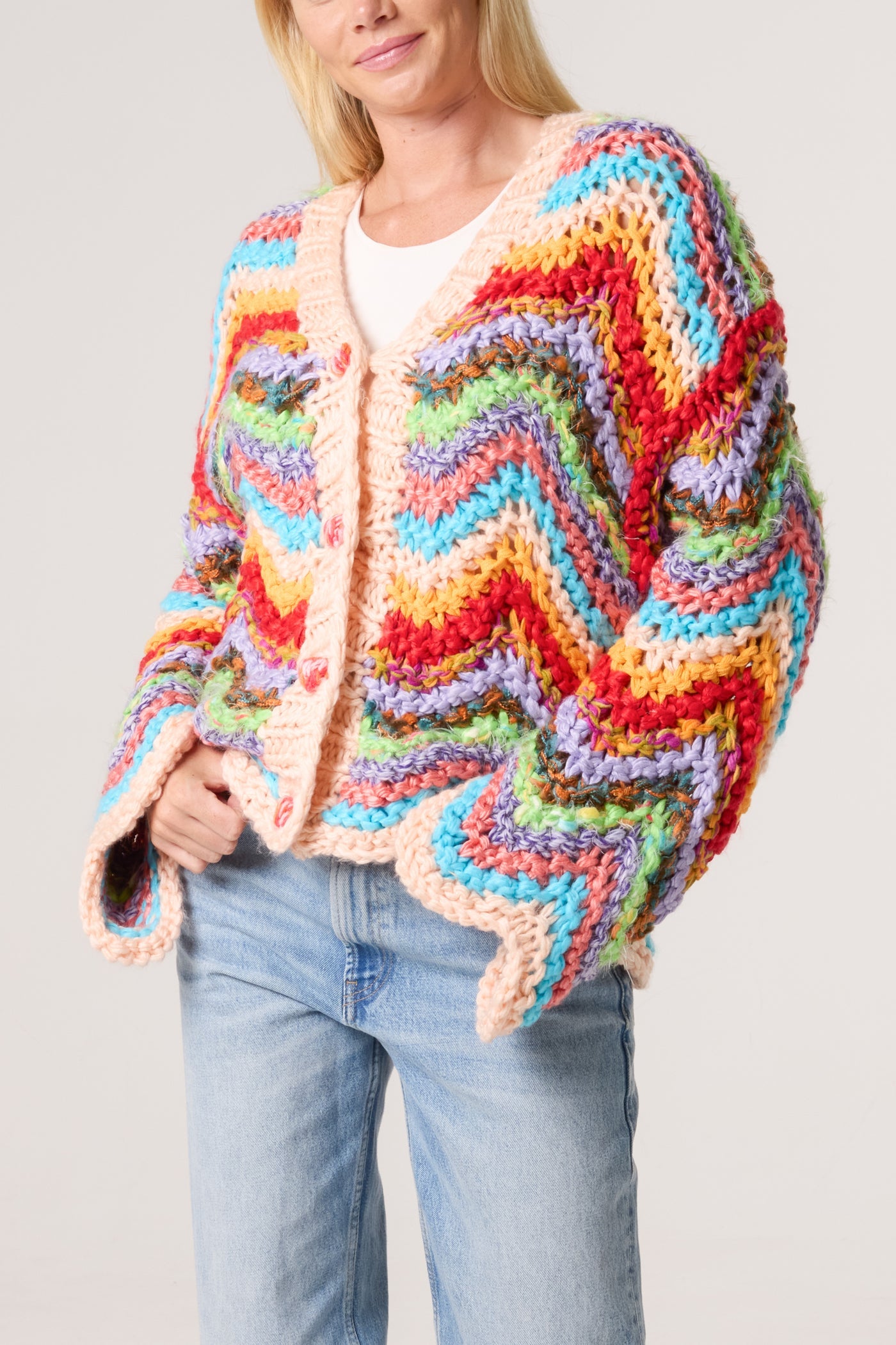 Multicoloured Zigzag Knitted Chunky Cardigan