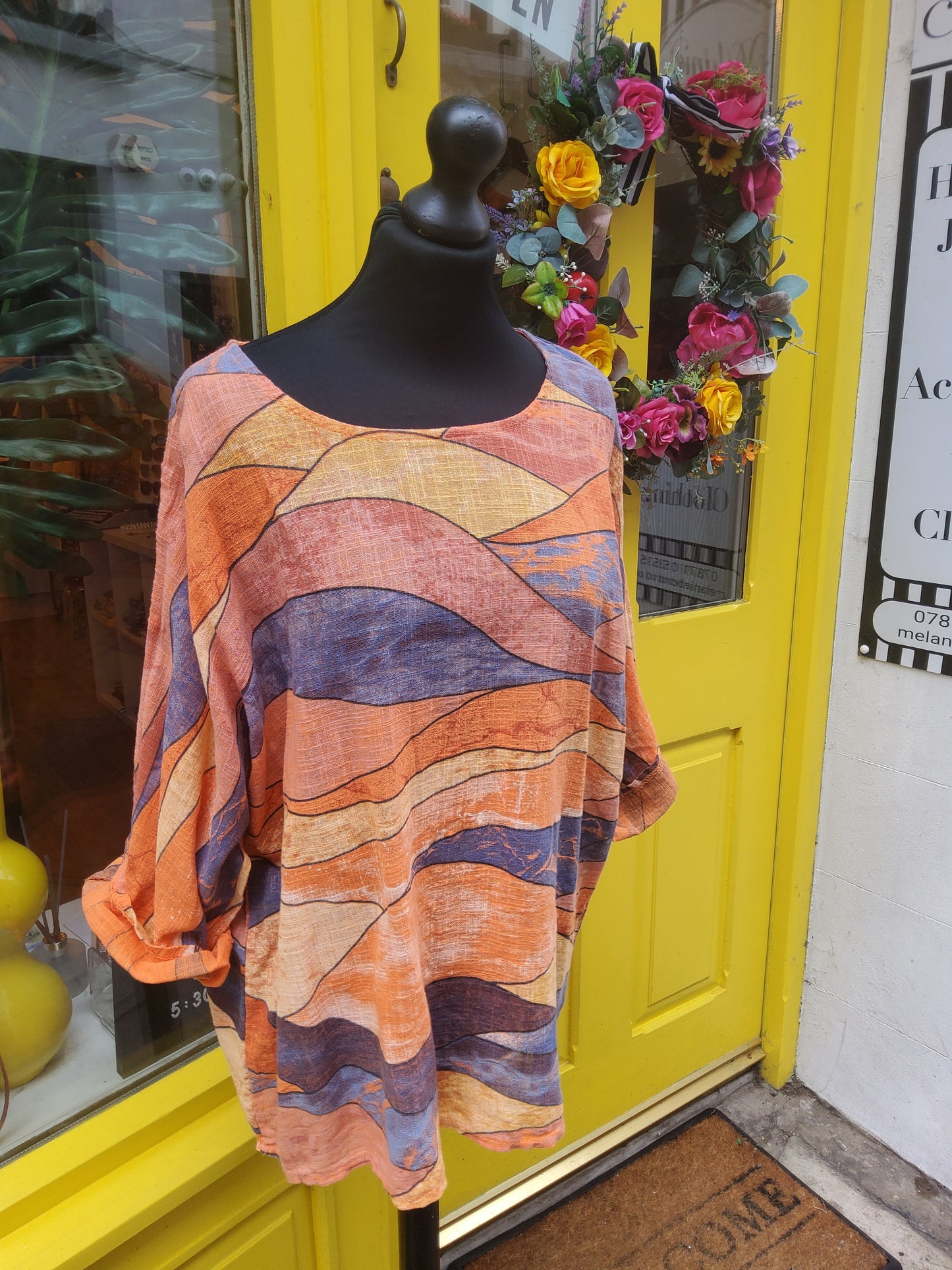 Orange & navy stained glass window wave summer top