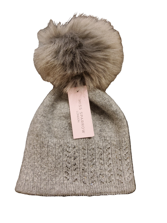 Grey Sparkle Cable Knit Bobble Hat