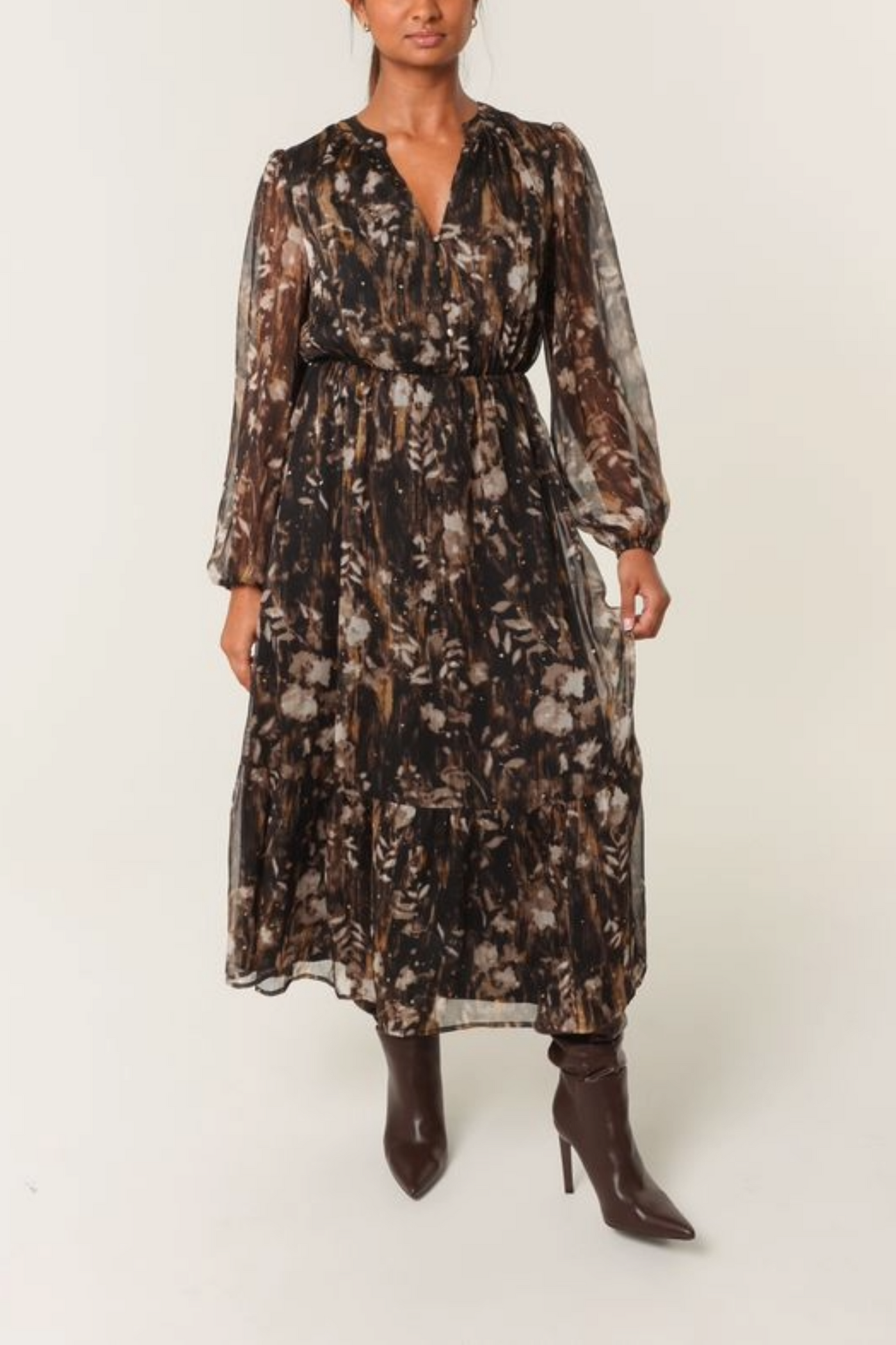 Leaf Print Diamanté Chiffon Dress