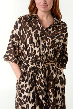 Leopard Print Tie Front Midi Dress