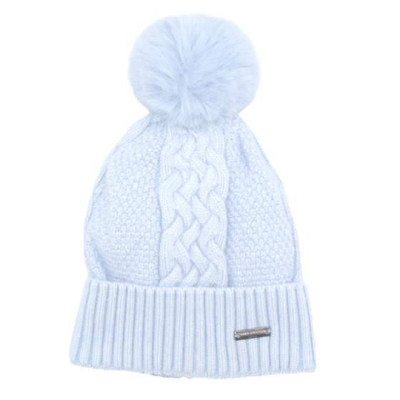 Red Cuckoo Blue Cable Knit PomPom Hat