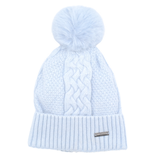 Red Cuckoo Blue Cable Knit PomPom Hat