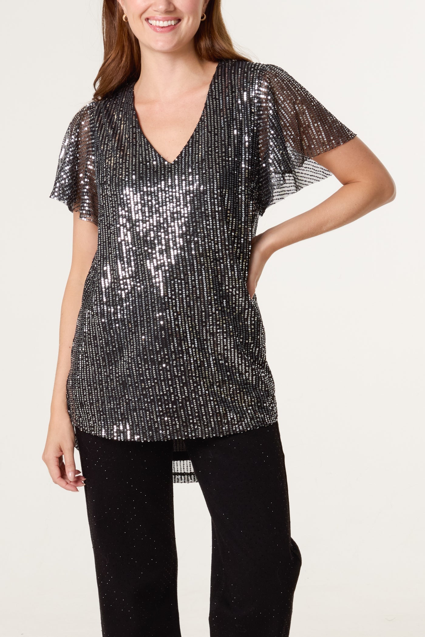 Dark Silver Angel Sleeve V-Neck Sequin Top