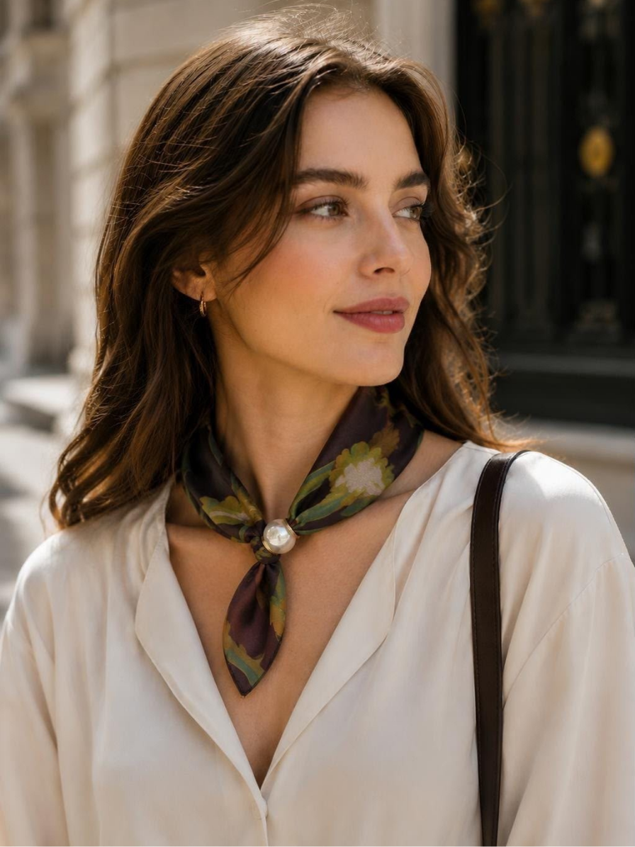 Pearl Satin Neck Scarf- Olive Floral Print