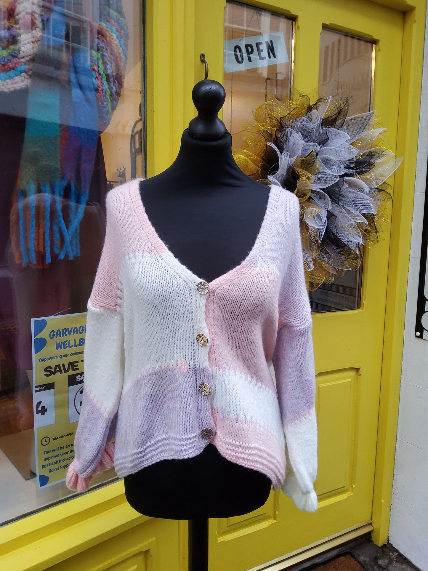 Patchwork style cardigan - coral, lilac, cream