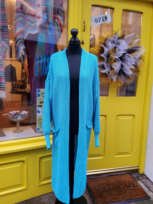 Knitted Long Coatigan Cardigan in turquoise