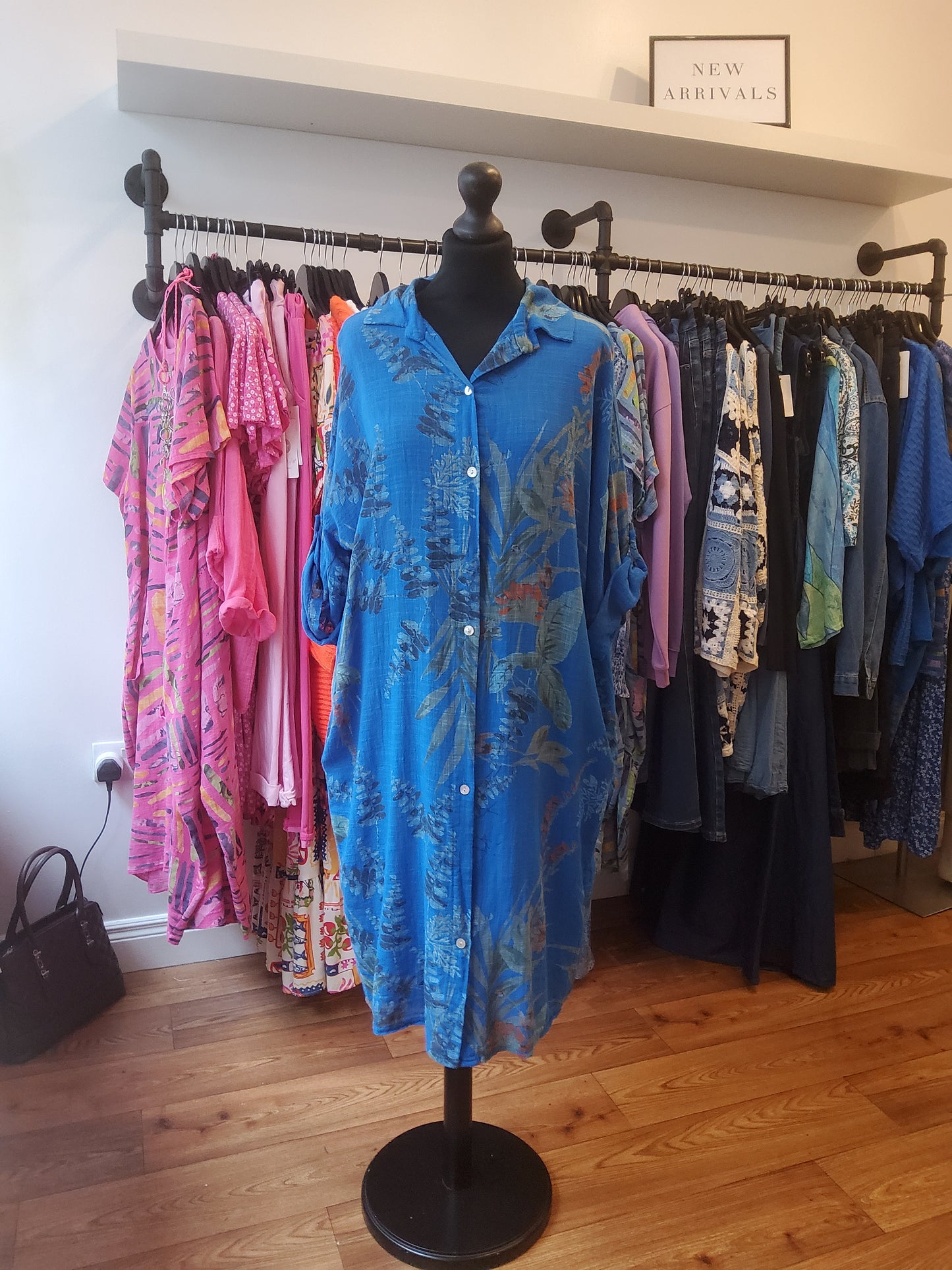Blue Leaf Print Shirt Dress