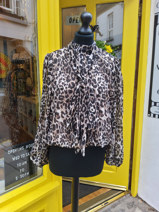 High Tie Neck Diamante Animal Blouse