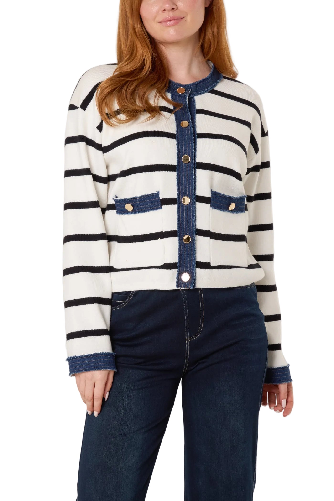 Denim Trim Striped Cardigan
