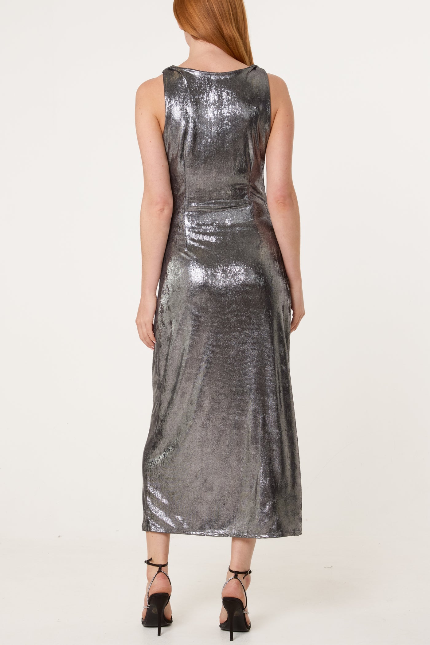 Silver Metallic Cowl Neck Dress