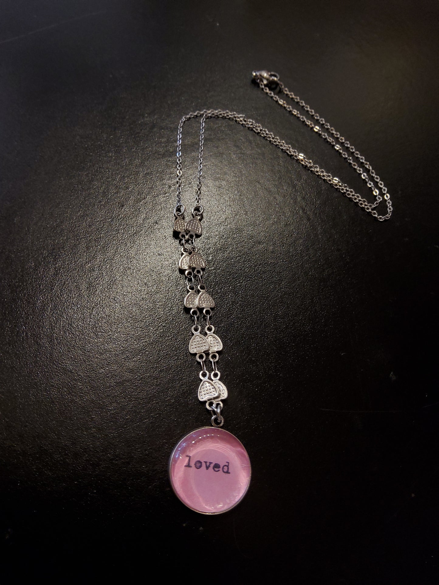 'Loved' Pink Pendant Necklace with Heart Chain