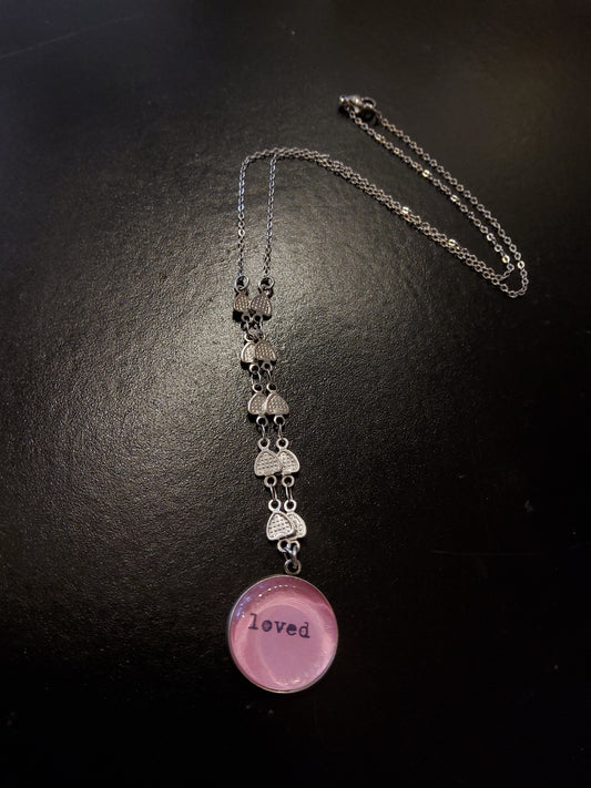 'Loved' Pink Pendant Necklace with Heart Chain