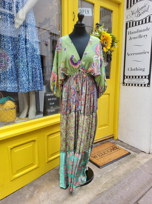 Green Mixed Print Boho Maxi Dress