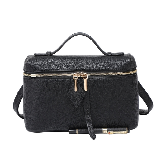 Black leather handbag with gold accents