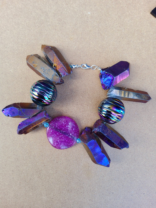 Chunky Metallic purple quartz bracelet with iridescent ceramic beads