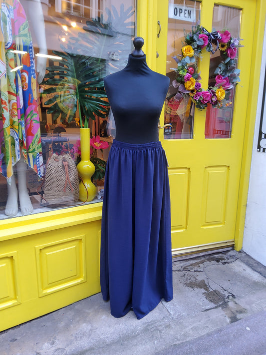 Navy Wide Leg Long Elasticated Trousers