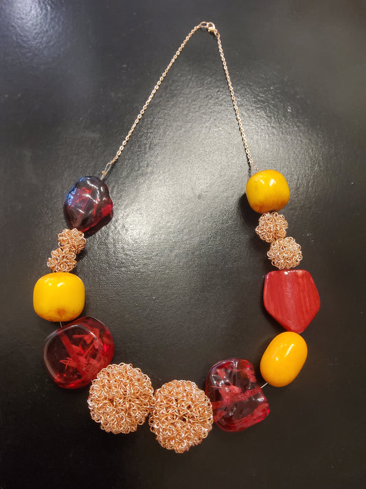 Red, yellow and gold beaded necklace