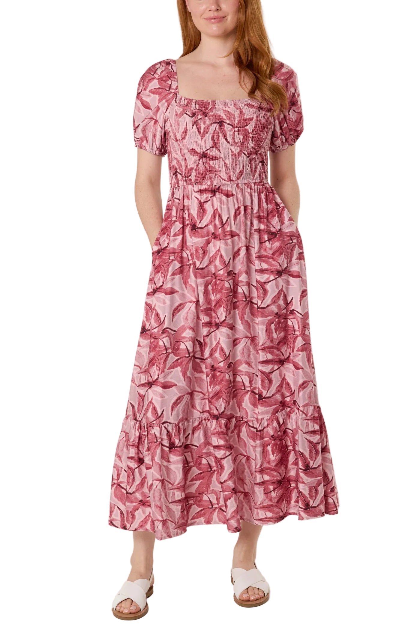 Leaf Print Square Neck Smock Dress