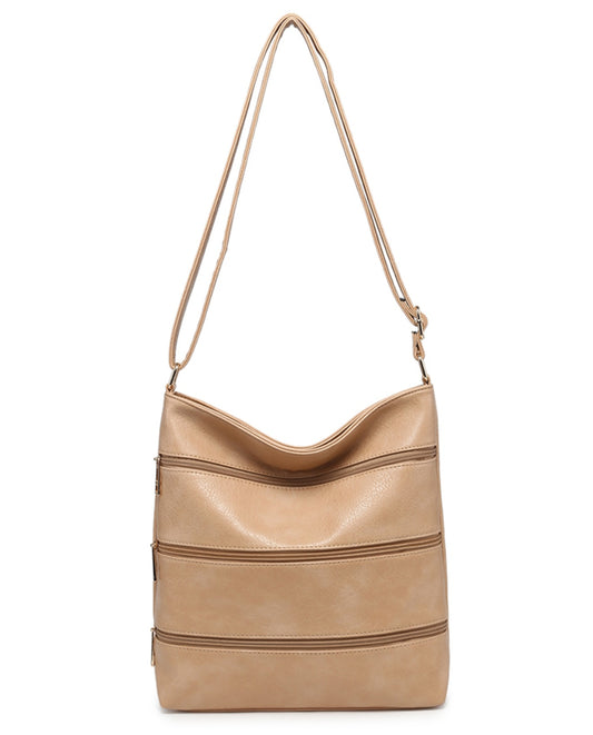 Tan Triple Zip Crossbody Bag