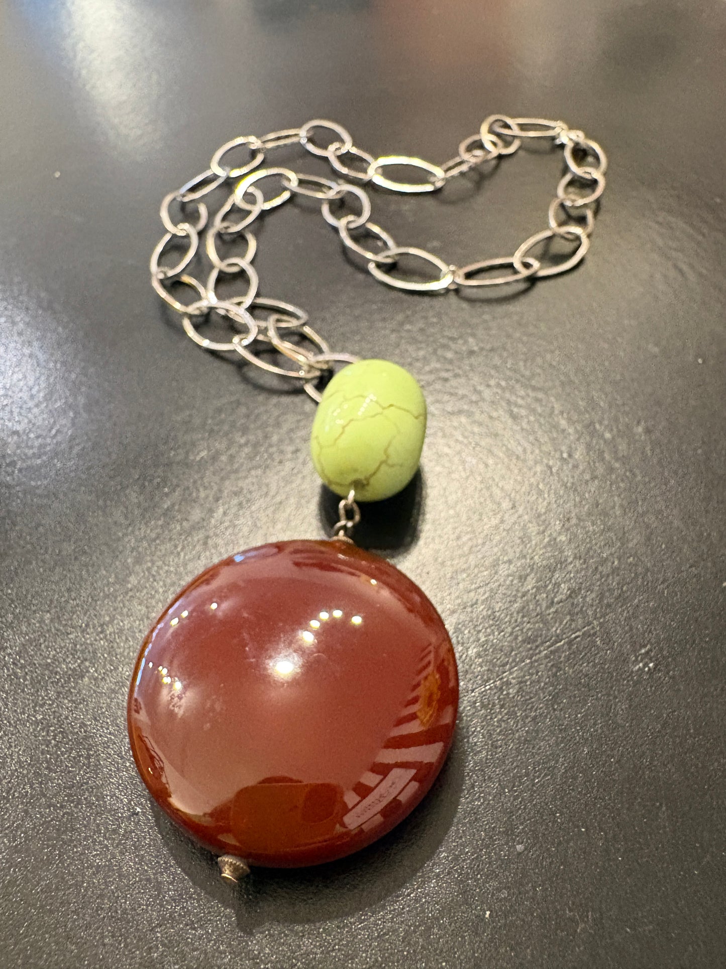 Brown & lime green pendant on silver chunky chain