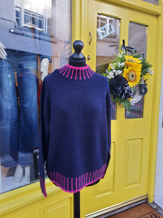 Navy Contrast Stripe Trimmed Jumper