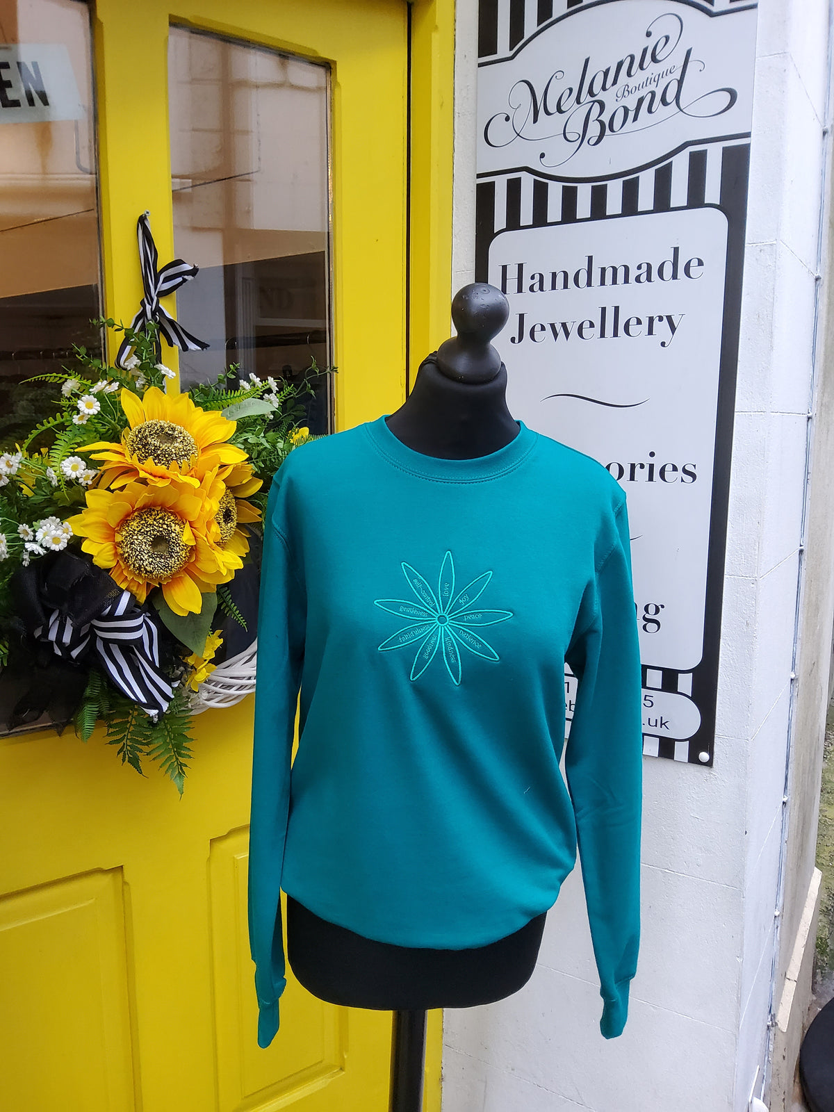 Teal blue 'fruits of the spirit' jumper
