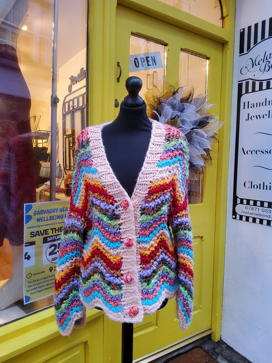 Multicoloured Zigzag Knitted Chunky Cardigan