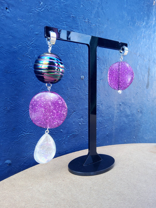Statement Asymmetric Purple & Iridescent Earrings (to order)