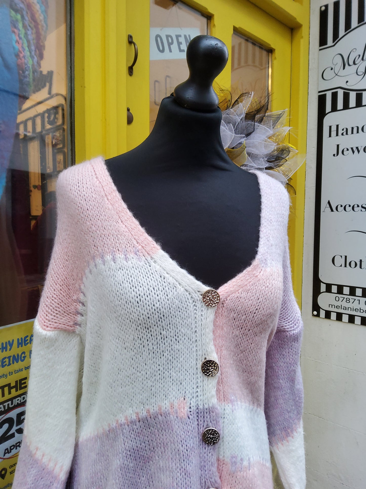 Patchwork style cardigan - coral, lilac, cream