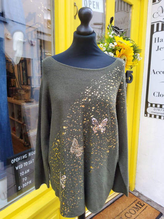 Khaki Gold Foil Butterfly Jumper