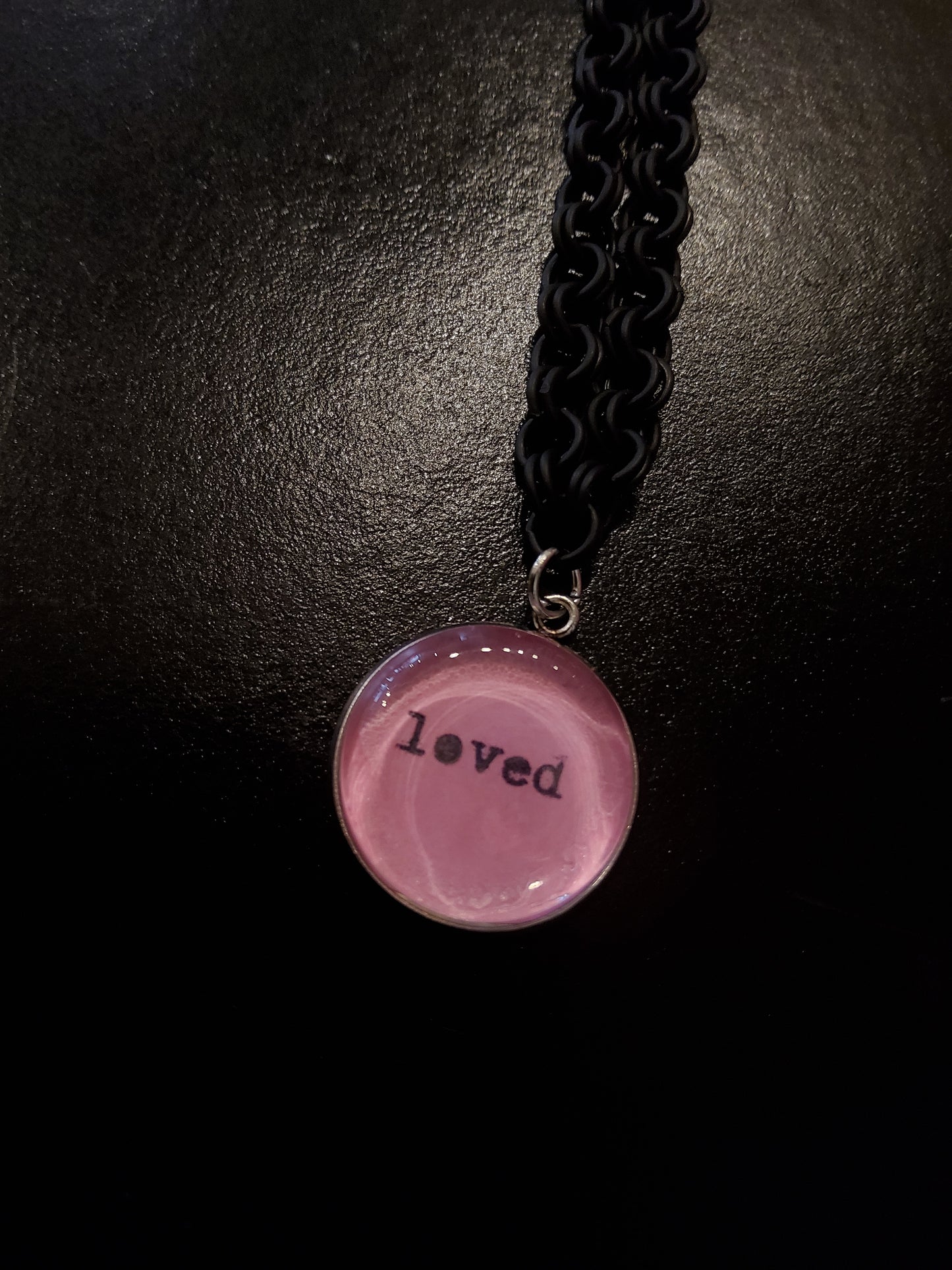 'Loved' Pink Pendant Necklace with Black Chain